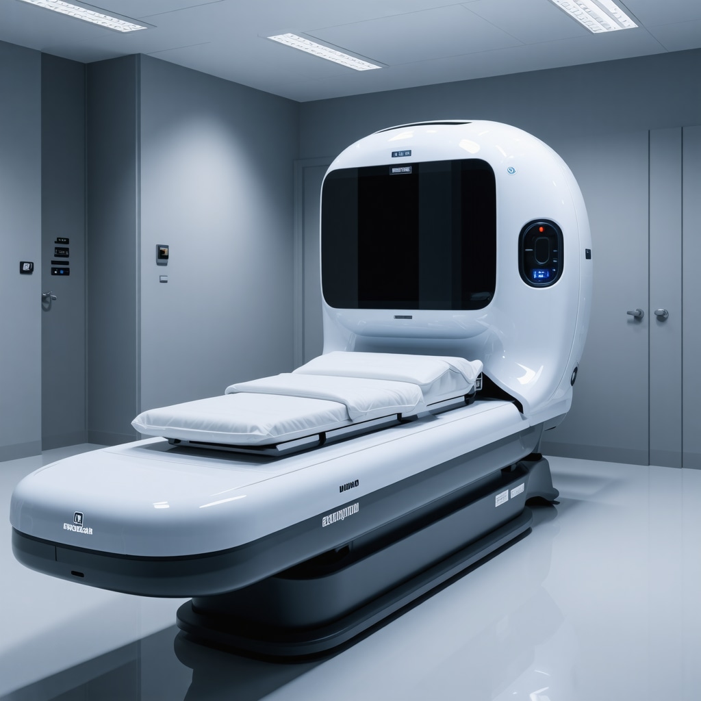 Futuristic medical clinic with advanced diagnostics and AI for personalized Tirzepatide therapy.