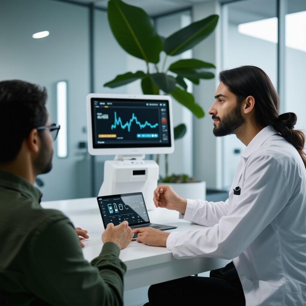 Patient and doctor discussing personalized Tirzepatide therapy with digital health monitoring devices in a modern NJ clinic.