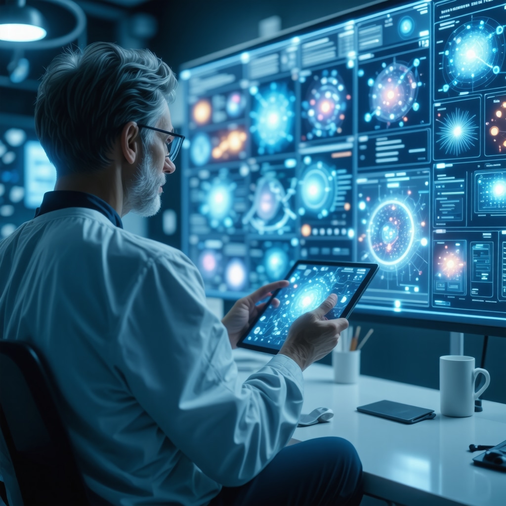 Patient consulting doctor using AI-driven digital health tools with genomic and metabolic data visuals in a New Jersey clinic
