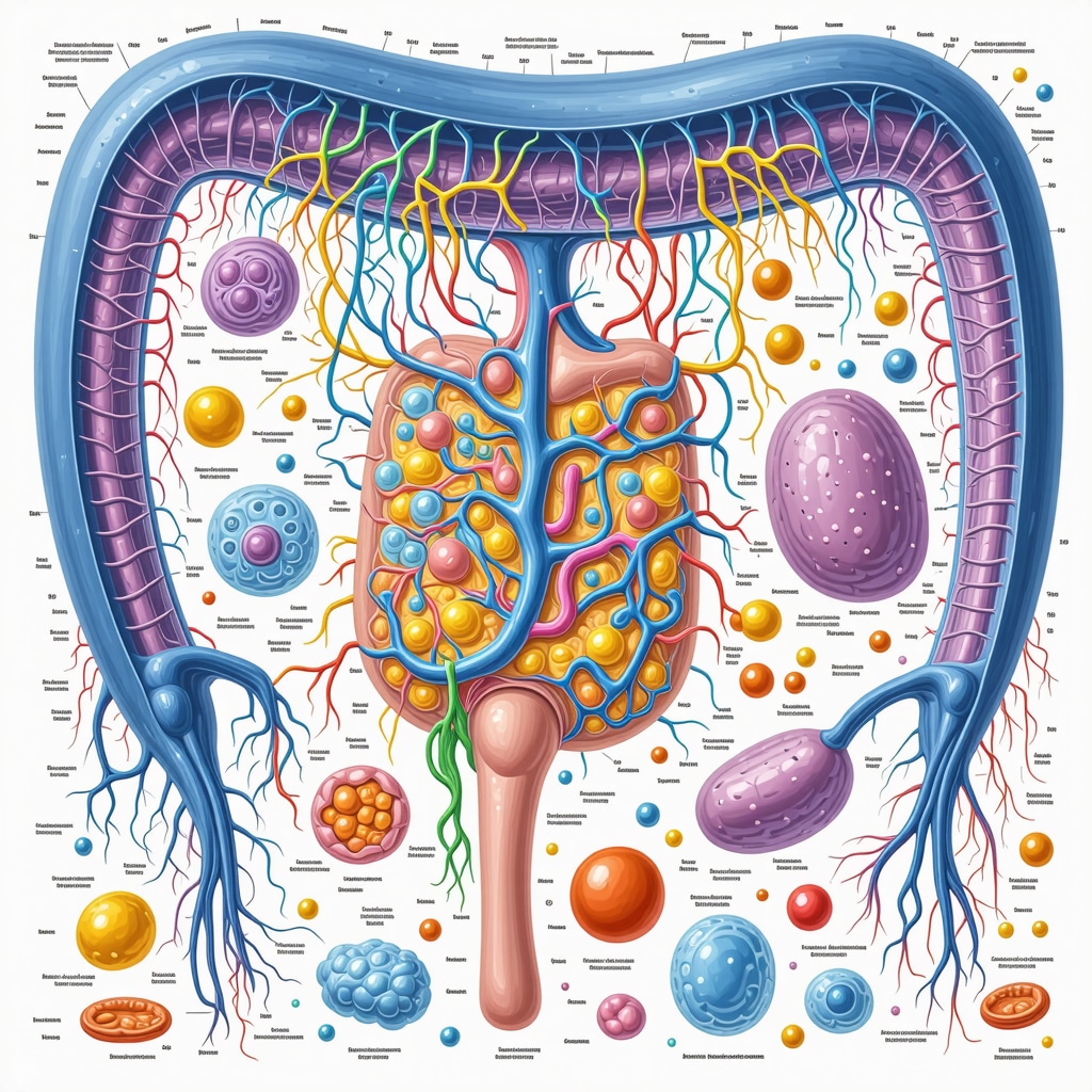 Detailed scientific diagram showing gut microbiome interactions with metabolic pathways and probiotics enhancing weight loss