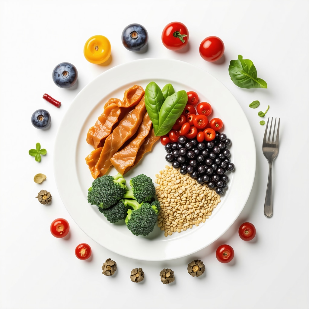 A plate with lean meats, vegetables, and grains representing healthy eating for weight loss.
