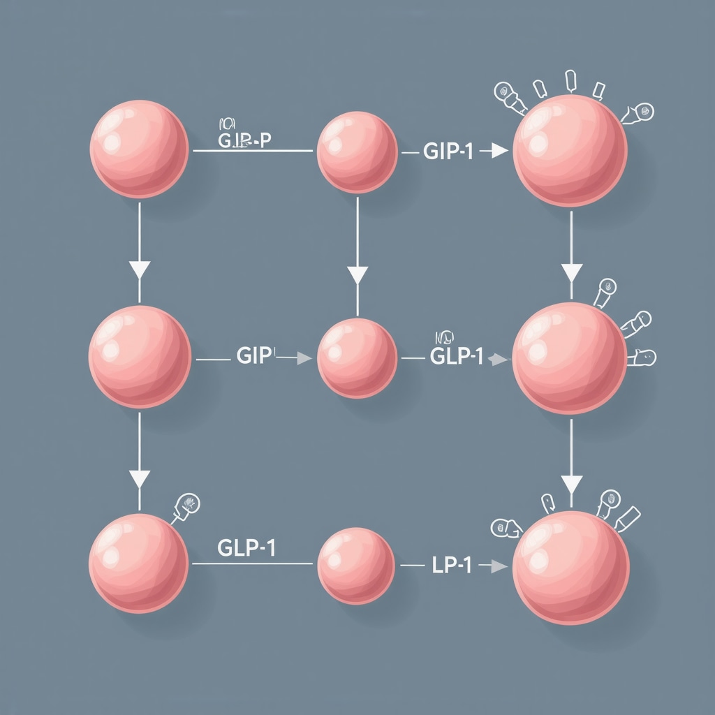 Diagram illustrating Tirzepatide's dual action on GIP and GLP-1 receptors in metabolic regulation.