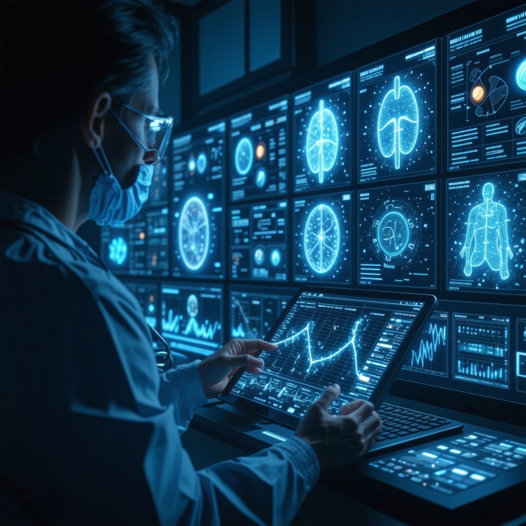Physician reviewing genetic data and real-time health metrics with digital tools in a clinical setting