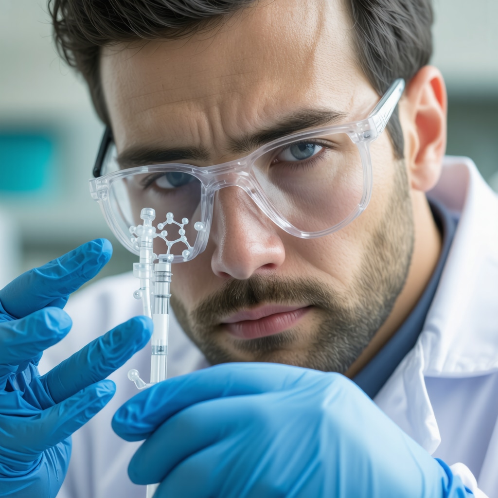 Scientist studying molecular structures related to Tirzepatide's dual receptor activity