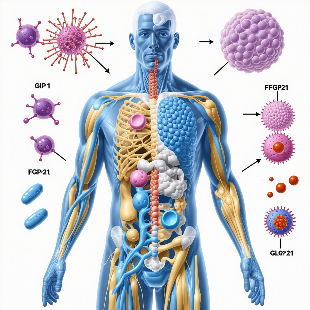 Illustration of Tirzepatide and FGF21 receptor interactions promoting fat browning and energy expenditure