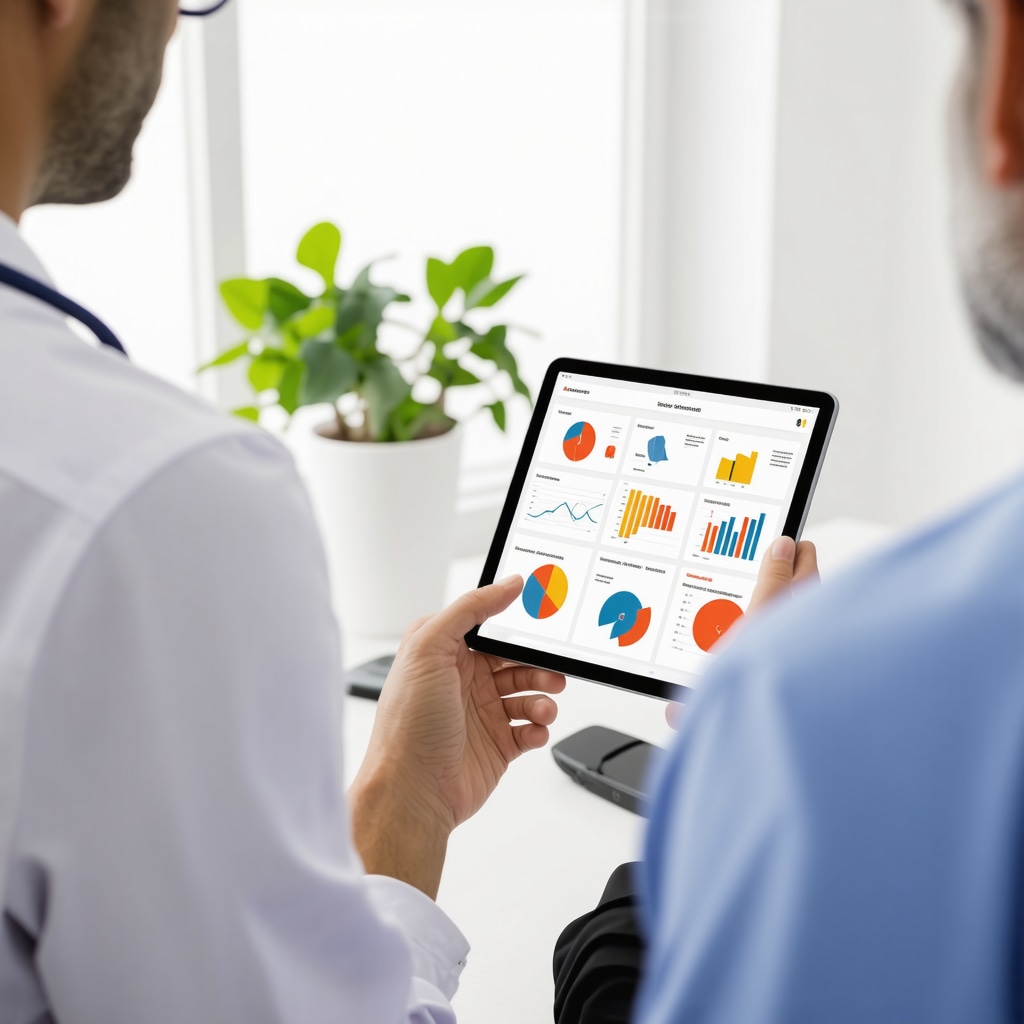 Doctor discussing personalized Tirzepatide dosing and digital health data with patient in a clinical setting