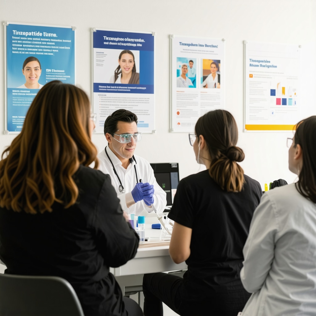NJ clinic scene with medical professionals administering Tirzepatide injections to patients.