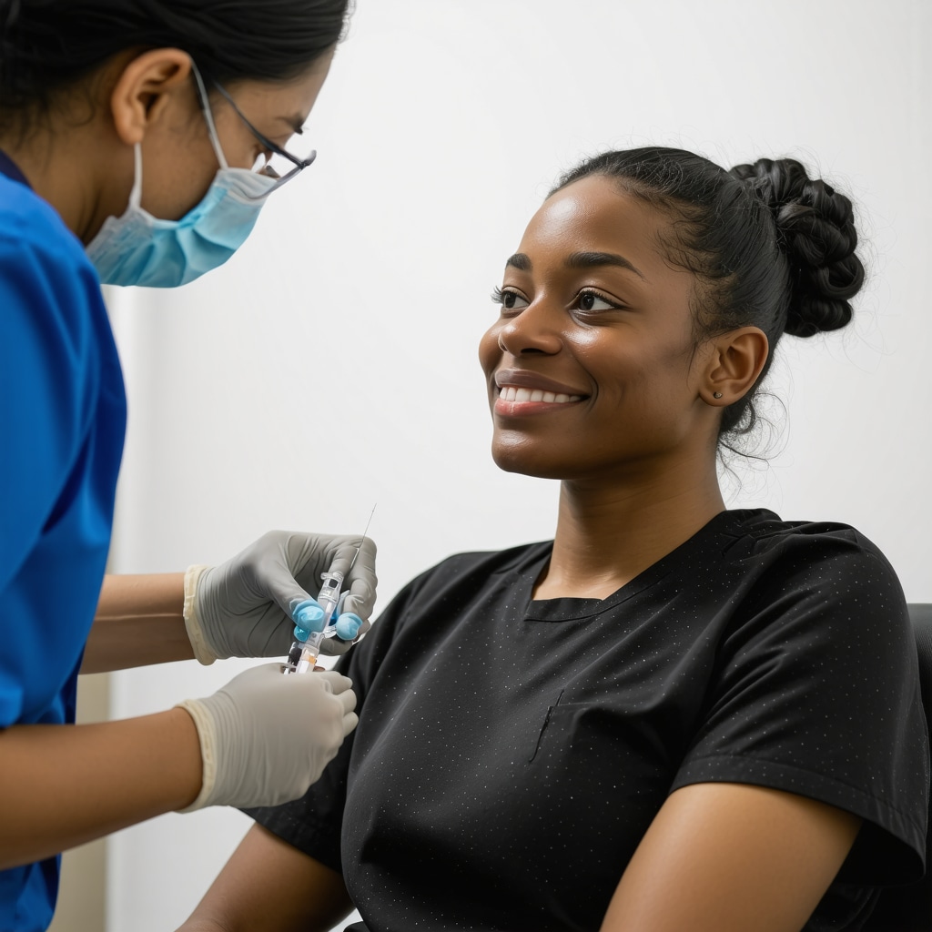 Patient receiving weekly Tirzepatide injection at NJ clinic with healthcare provider.