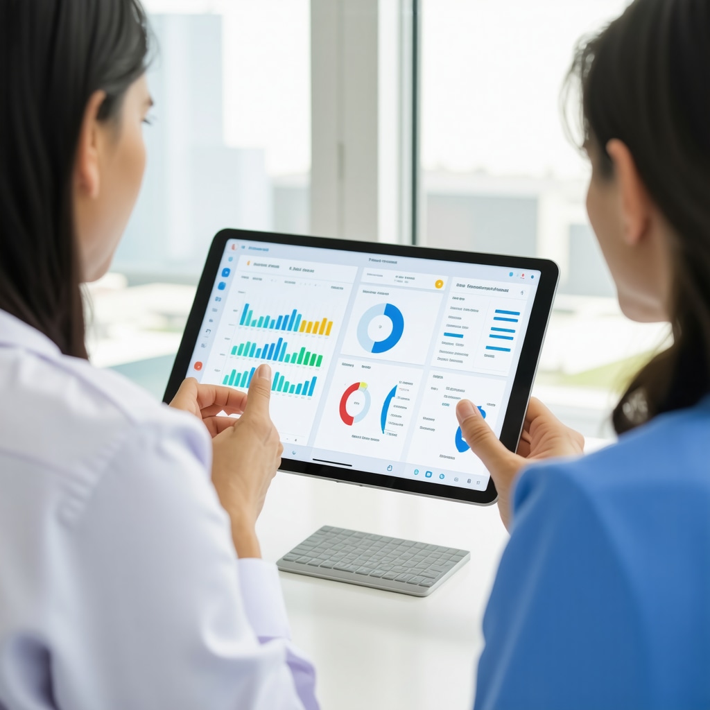 Patient and healthcare provider discussing tirzepatide personalized dosing with biomarker charts and digital adherence tools