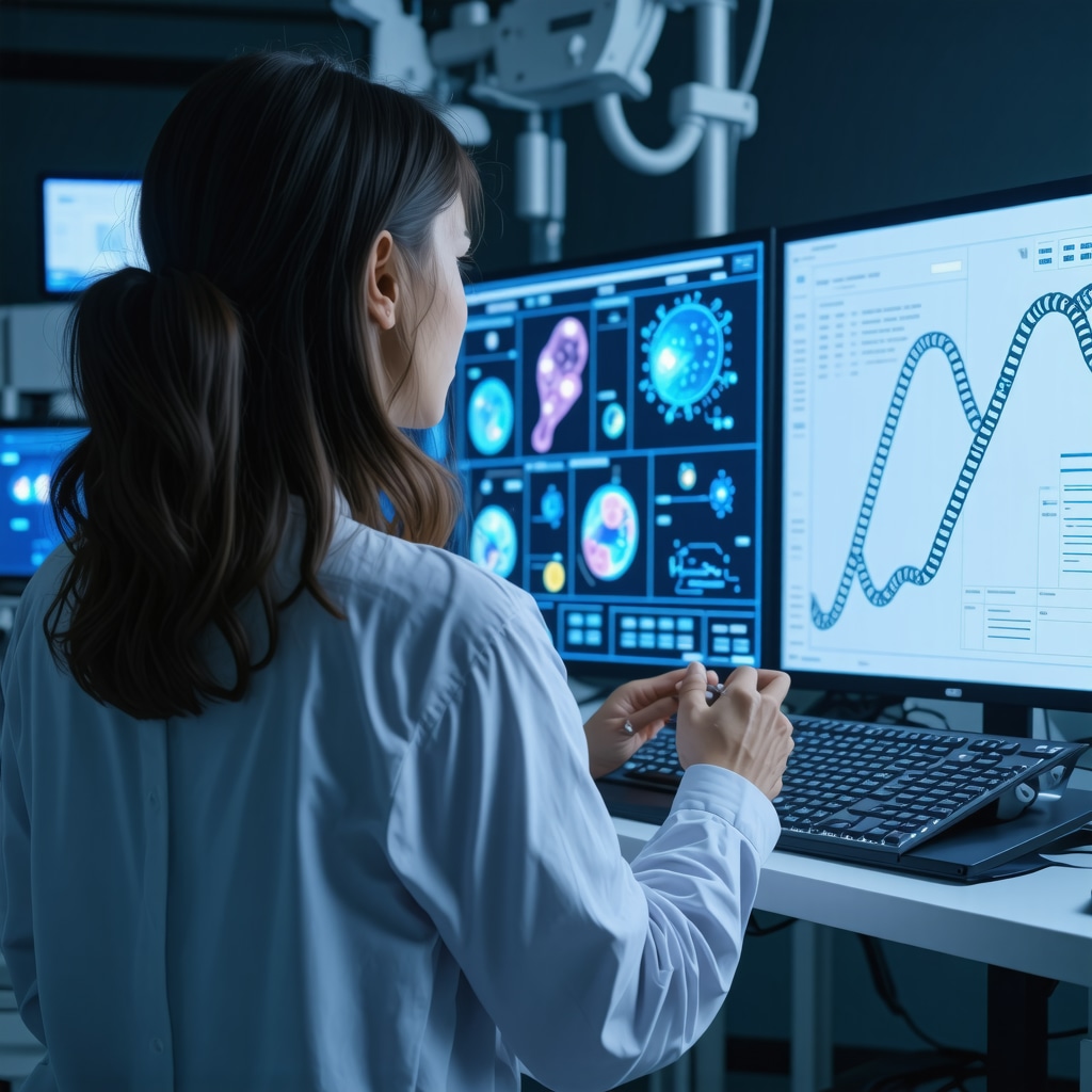 Clinician reviewing genetic and biomarker data on digital screens for personalized tirzepatide dosing in obesity treatment