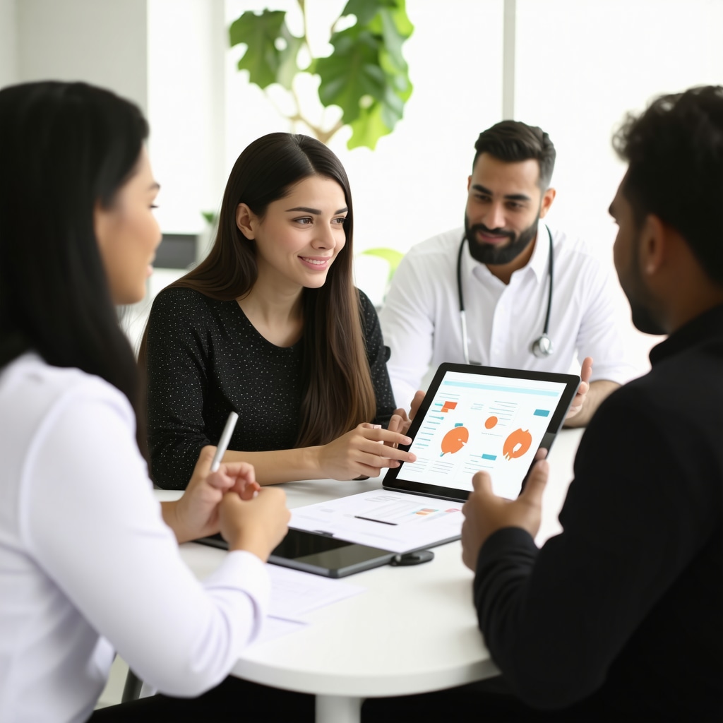 Healthcare professional discussing personalized Tirzepatide treatment with diverse NJ patients using digital monitoring devices and metabolic charts