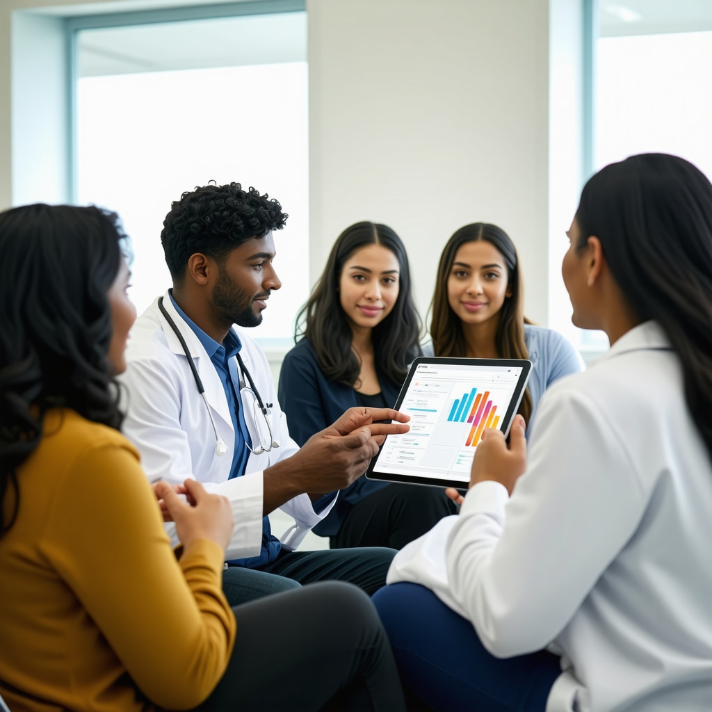 Healthcare professional discussing personalized tirzepatide dosing with diverse patients in New Jersey clinic
