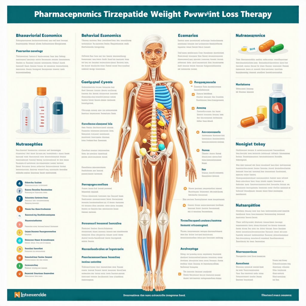Infographic showing pharmacogenomics, behavioral economics, and nutraceutical integration in Tirzepatide therapy for weight loss