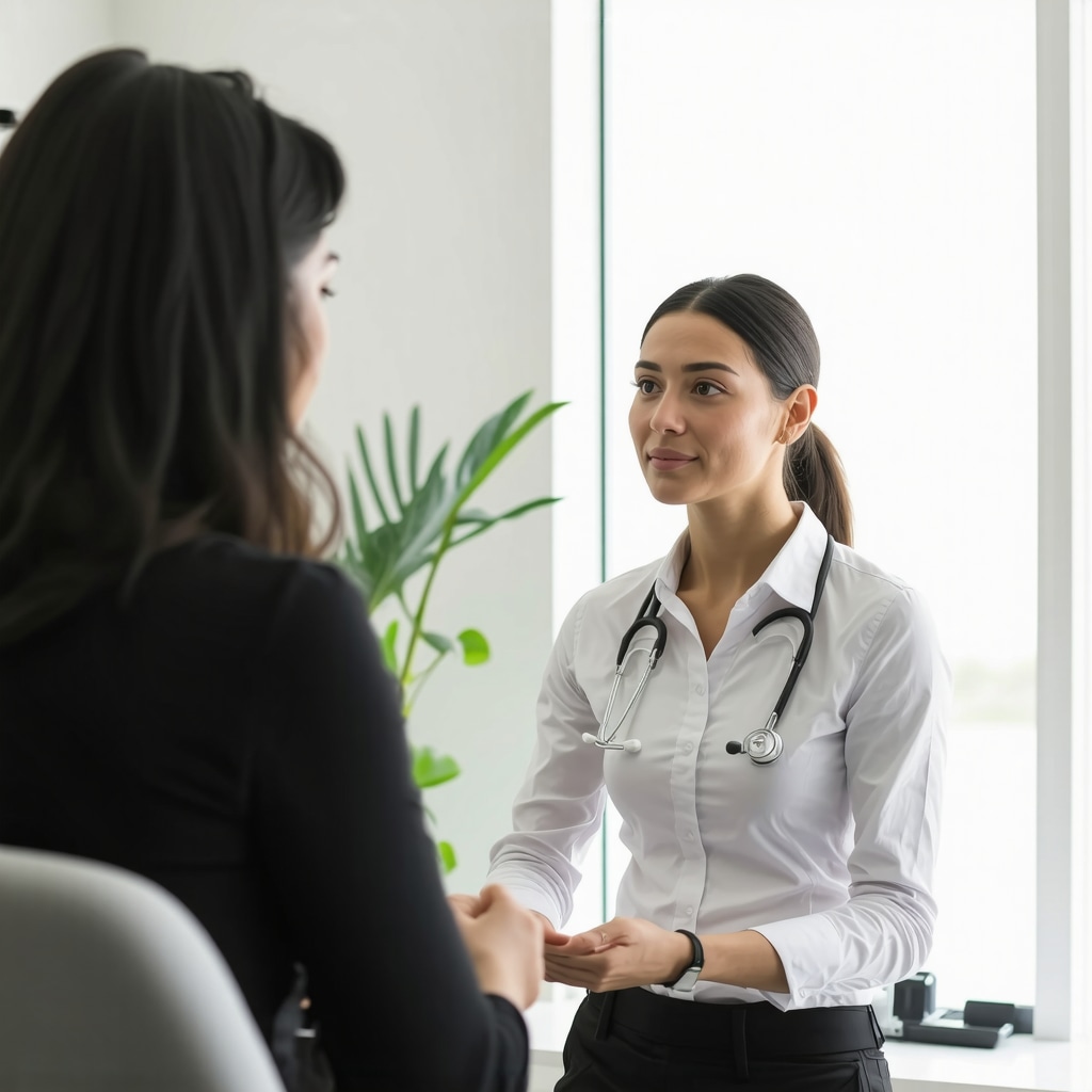 Reflective person discussing health plan with doctor in clinic.