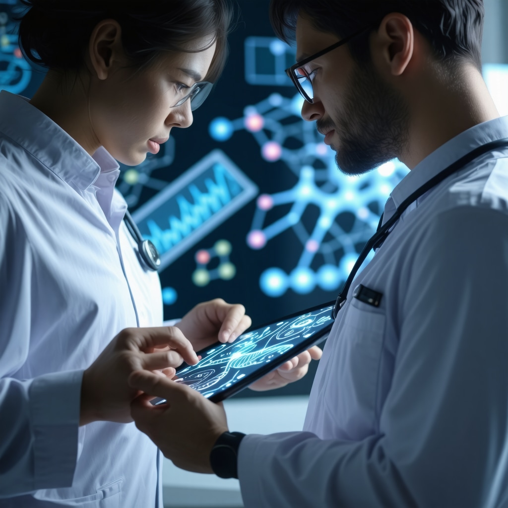 Healthcare provider reviewing pharmacogenomic data with patient wearing wearable health monitor