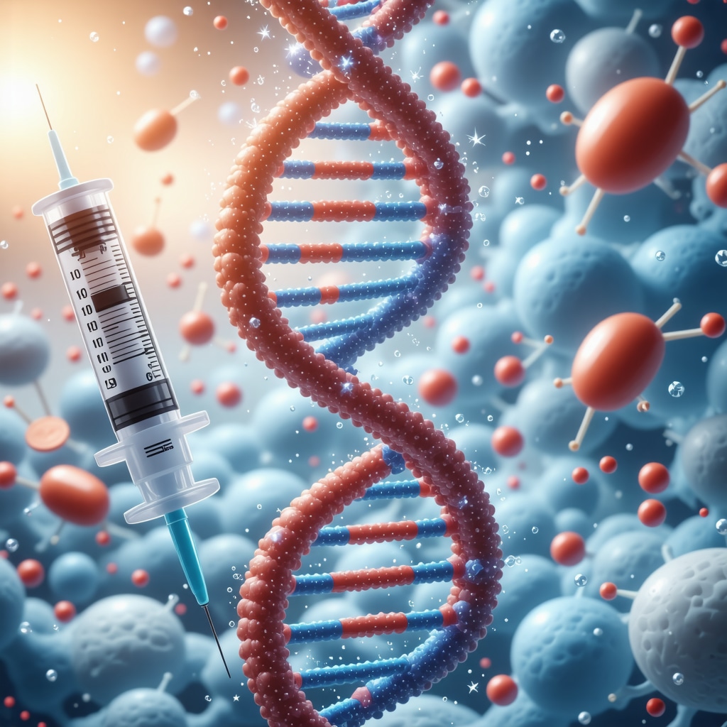 Digital DNA strand with syringe and microneedle patch representing personalized tirzepatide therapy