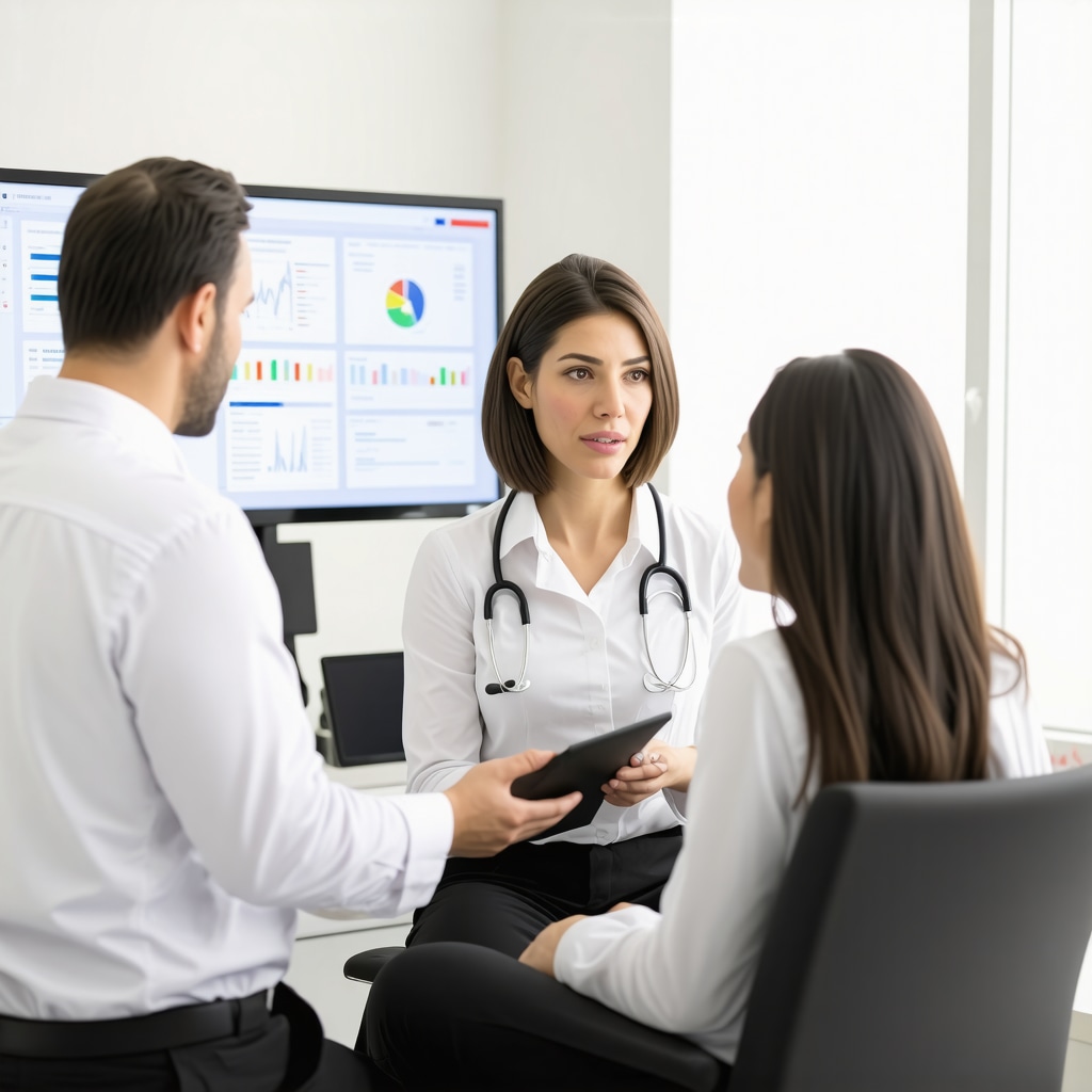 Physician consulting patient about personalized tirzepatide weight loss therapy using digital health data in New Jersey clinic