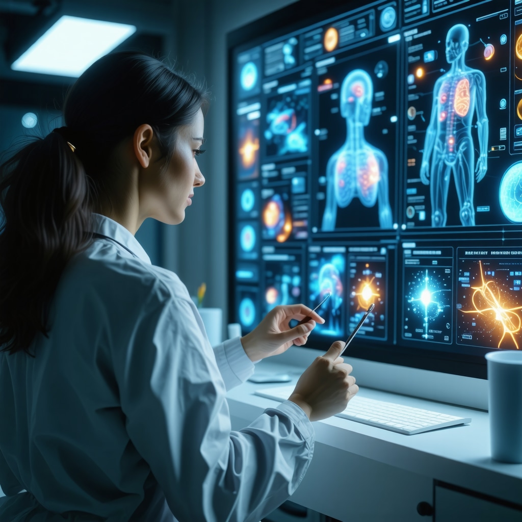 Doctor and patient reviewing genetic data and wearable technology readouts in a modern clinic setting