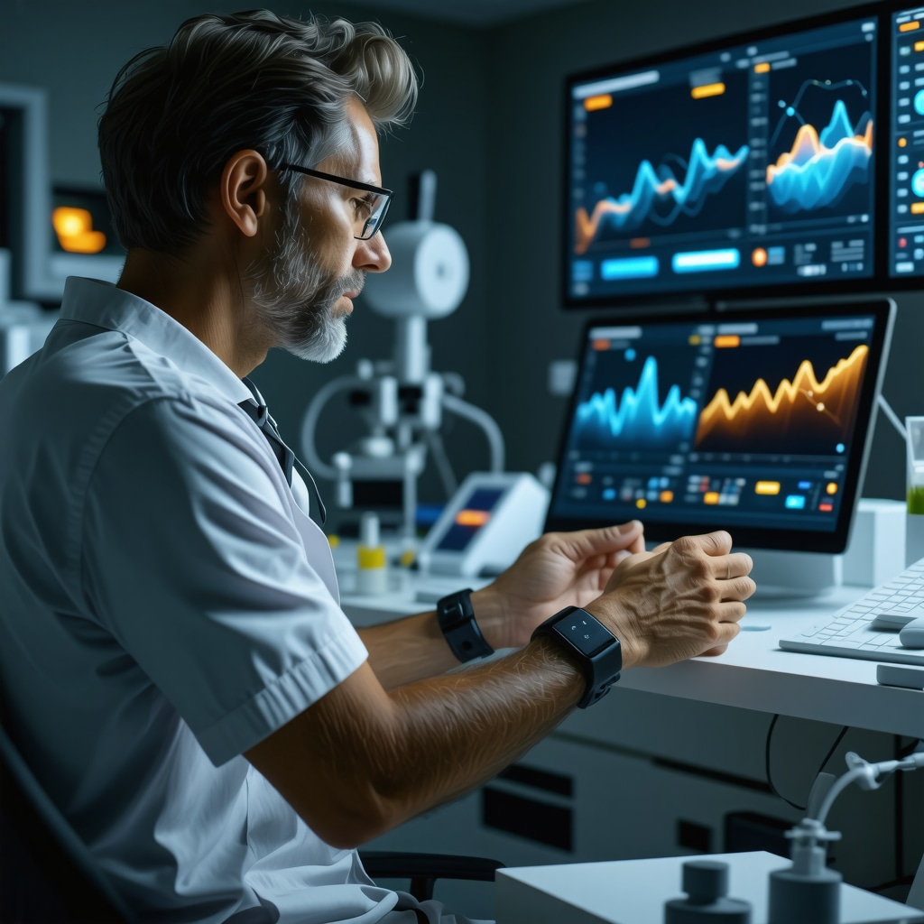 Patient using wearable metabolic trackers and digital glucose monitors with AI data analytics in clinical setting