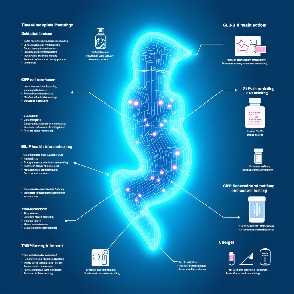 Infographic illustrating tirzepatide’s GLP-1 and GIP receptor action alongside digital patient monitoring and personalized treatment in New Jersey clinics