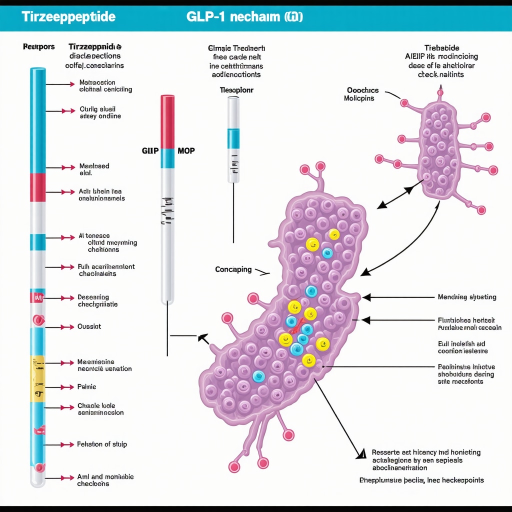 Infographic showing Tirzepatide's dual GLP-1 and GIP receptor agonism, metabolic effects, and patient safety monitoring in New Jersey clinics