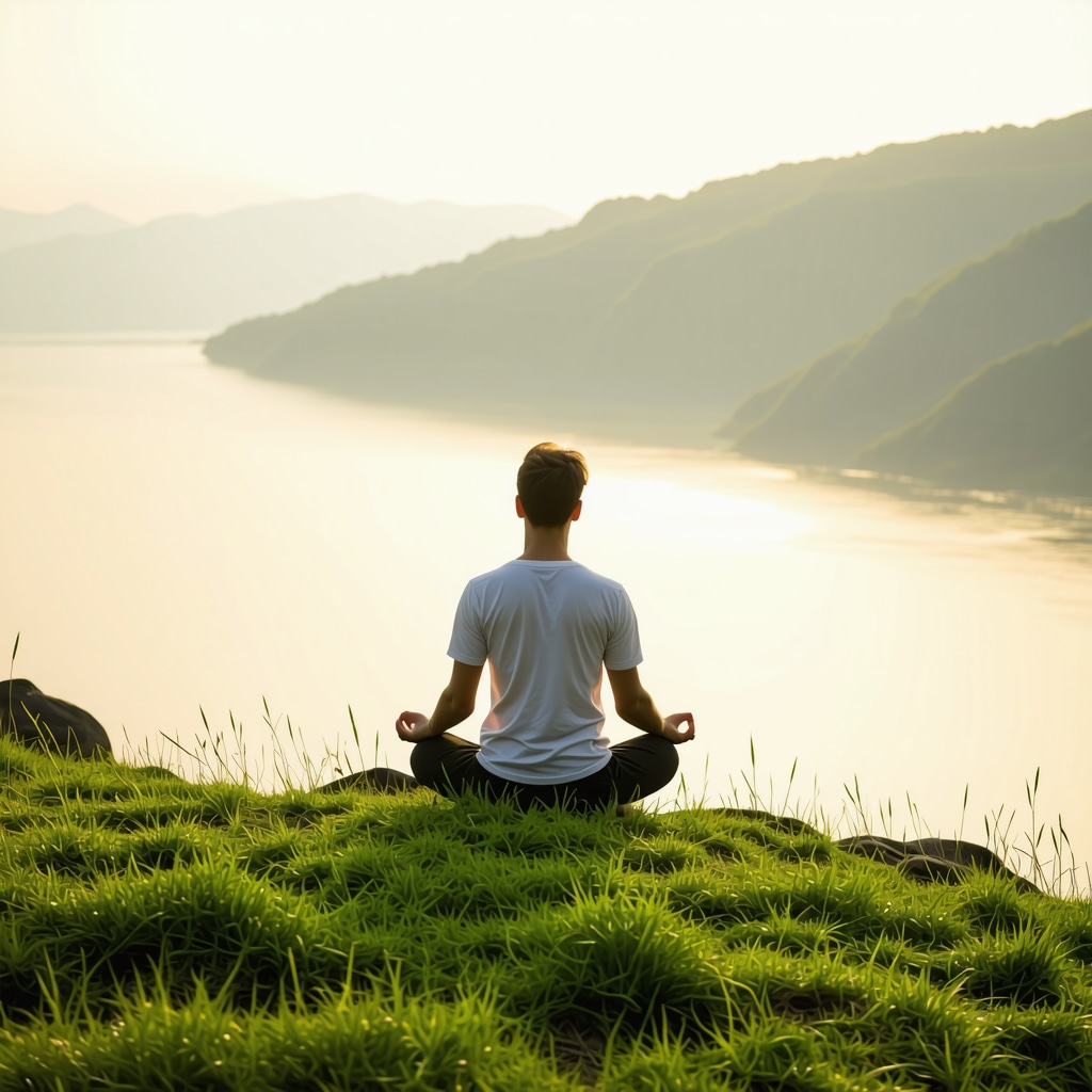 Person meditating outdoors in peaceful nature setting, representing mental resilience in weight loss journey.