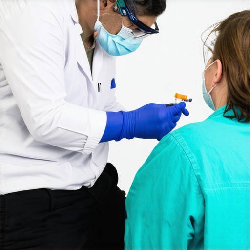 Person receiving weekly Tirzepatide injection from healthcare provider in NJ clinic.