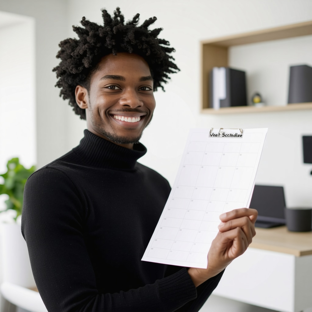 A person smiling with a medication schedule in a clinical environment, representing commitment to health