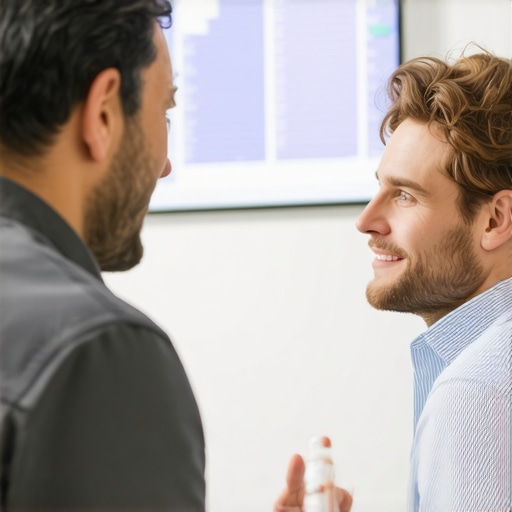 Personalized Tirzepatide Care with Advanced Technologies in NJ Patient discussing Tirzepatide treatment options with doctor, genetic testing and health tech devices visible.