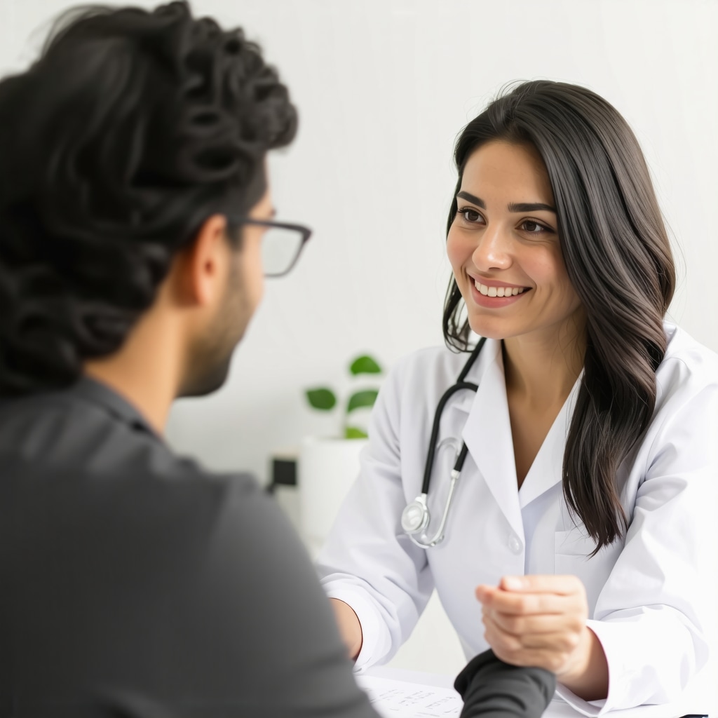 Healthcare professional discussing Tirzepatide treatment options with a patient in a clinic.