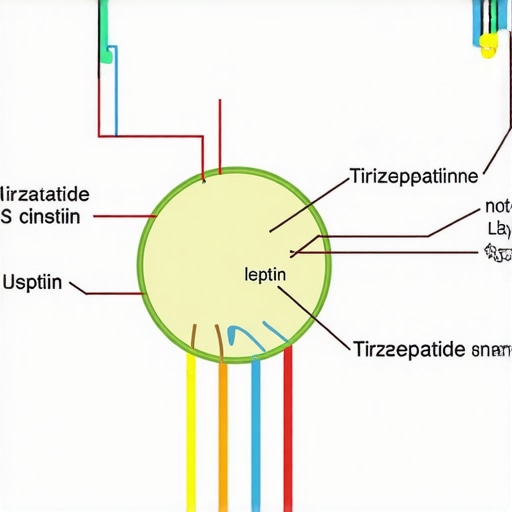 Diagram illustrating hormonal pathways involved in Tirzepatide's effect on insulin and leptin signaling for weight loss.