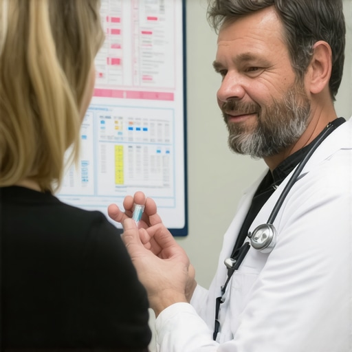 Doctor instructing patient on Tirzepatide injection technique in NJ clinic.
