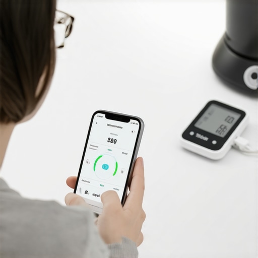 Person using health tracking devices and apps to maintain weight loss with Tirzepatide in a home setting.