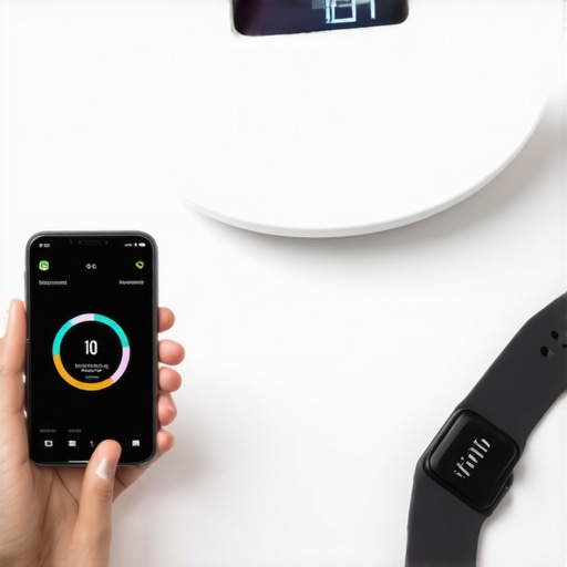 Person measuring weight with a digital scale, logging food on a smartphone app, and wearing a fitness tracker, symbolizing tools for sustained weight loss success.
