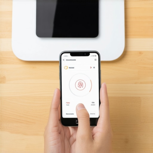Person tracking health data on smartphone with smart scale in background.