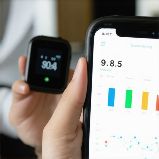 A person monitoring their health data using a CGM device and smartphone app with a healthcare provider in the background