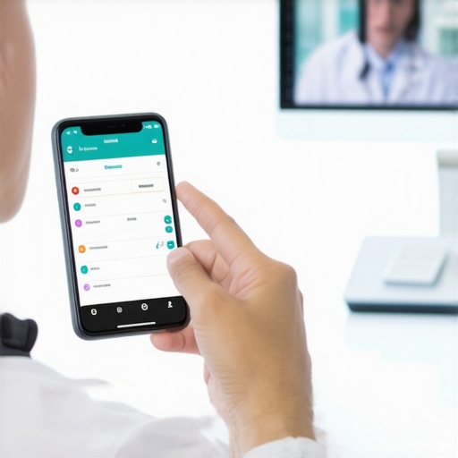 Person tracking weight loss progress on smartphone with doctor consultation on screen