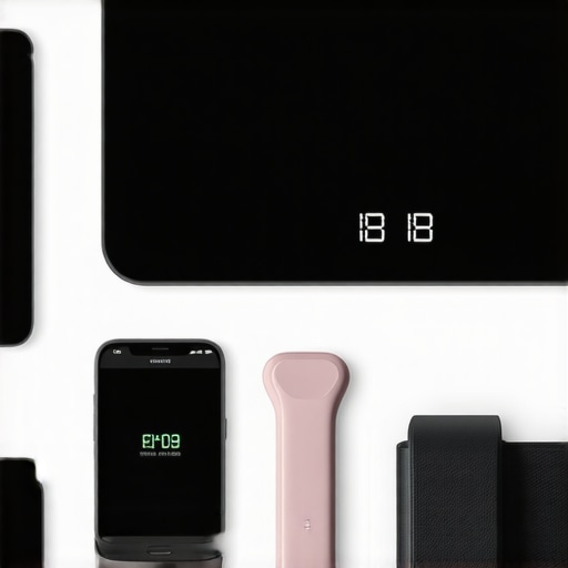 Person using a smartphone app, digital food scale, and wearable device for weight management in a clinical setting.