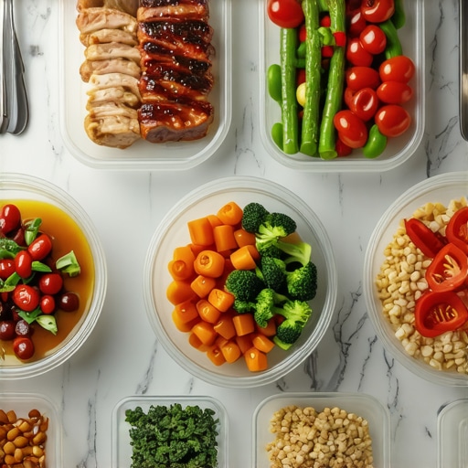 Plate of healthy food including lean proteins, vegetables, and whole grains ready for meal prep.