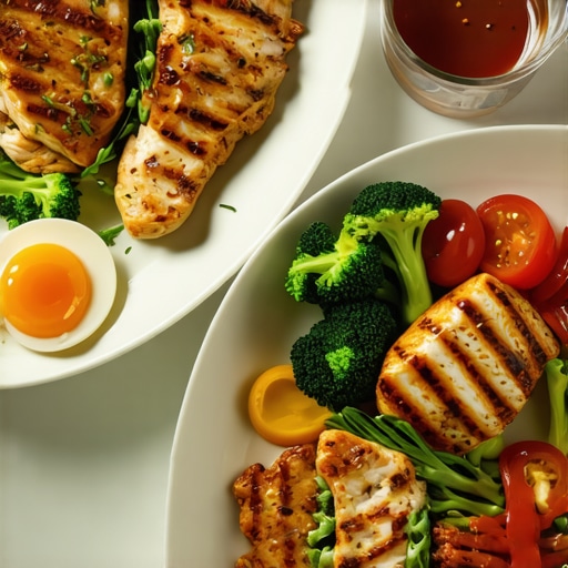 Balanced high-protein meal for weight loss Plate of lean meats, eggs, and vegetables, illustrating a high-protein diet for tirzepatide users.