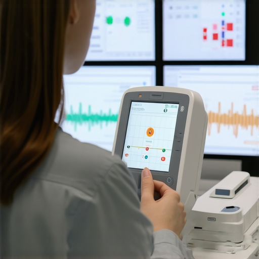 A healthcare professional explaining body composition analysis to a patient using bioimpedance device.