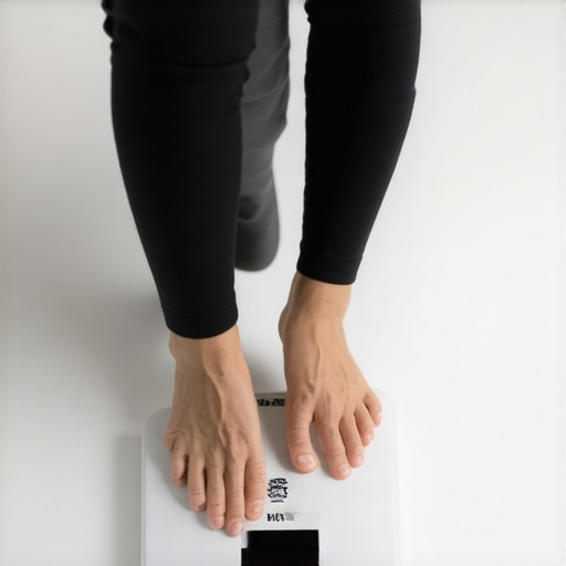 Bioimpedance scale for muscle and fat measurement A person standing on a digital bioimpedance scale showing body composition data