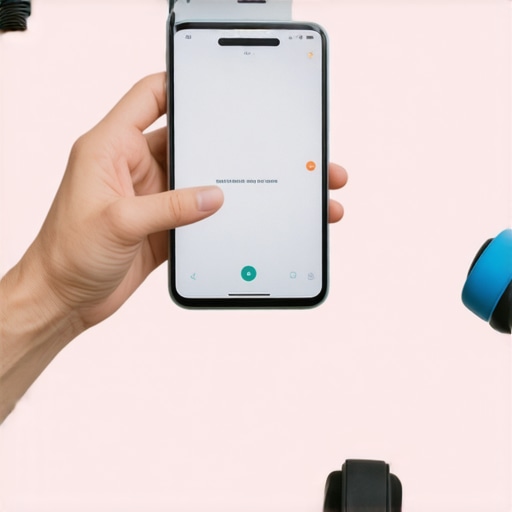 Person tracking weight and activity data on a smartphone with fitness gadgets around.