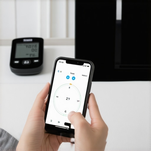 Person tracking weight and health data on smartphone with devices nearby.