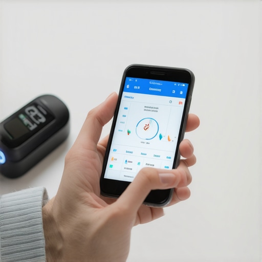 Person monitoring glucose levels with a digital device and smartphone app for ongoing weight loss support.