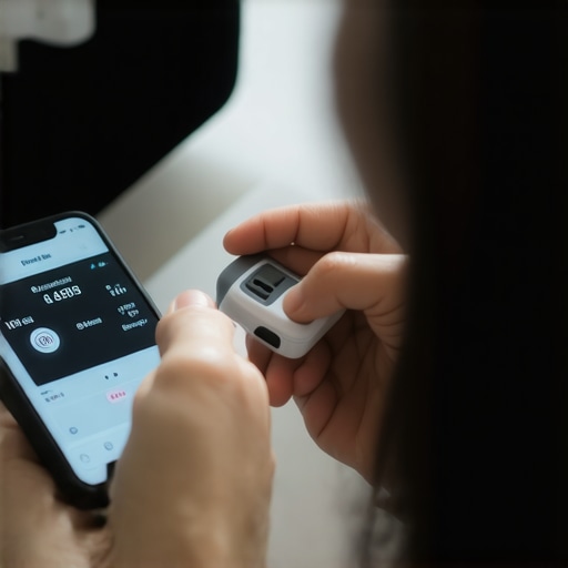 Person tracking health data on a smartphone with glucometer in hand, emphasizing long-term monitoring tools