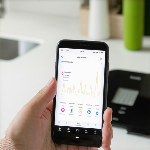 Person monitoring health data with apps and devices in a kitchen setting