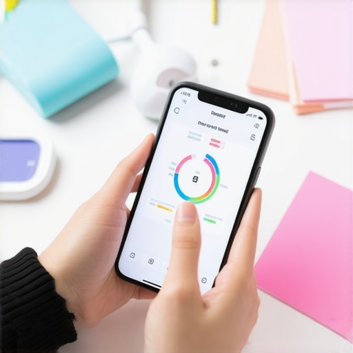 Person engaging with health tracking app on smartphone, with fitness devices and notes.