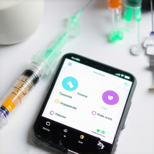 Digital health tools and tirzepatide injection device for weight management Smartphone with health app and tirzepatide injection device on a medical table
