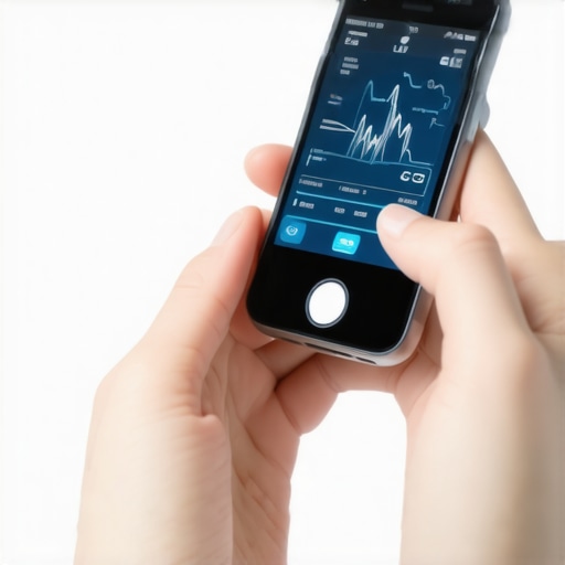 Embracing Technology for Long-Term Tirzepatide Success Person monitoring blood sugar levels with a Bluetooth-enabled device and smartphone app, emphasizing technology in weight loss management.